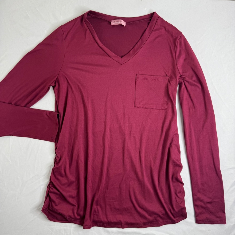 Ragdoll LA Maternity Long Sleeve V-Neck Ruched Side Pocket Tee Burgundy Large